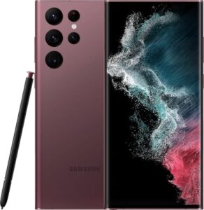 Samsung Galaxy S22 Ultra 5G, Burgundy color, displayed with camera features and 5G connectivity