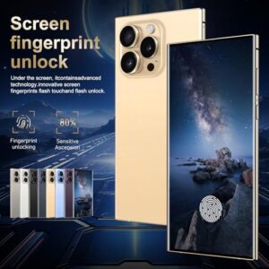 Unlocked 5G smartphone in gold with 7-inch display and dual camera system.