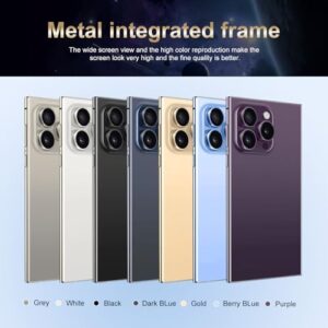 Unlocked 5G smartphone in gold with 7-inch display and dual camera system.