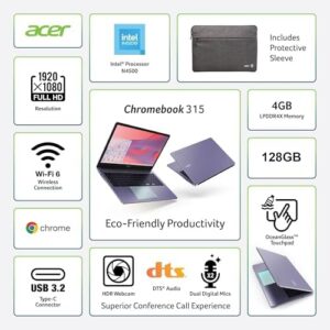 Acer Chromebook 315 15.6" FHD Laptop in Purple with Intel Celeron N4500, 4GB RAM, and 128GB Storage