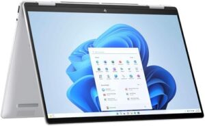 HP Envy 2-in-1 laptop with touchscreen, Glacier Silver color, and AMD Ryzen 5 processor  
