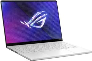 ASUS ROG Zephyrus G14 14-inch OLED QHD gaming laptop with AMD Ryzen 9 and RTX 4060, featuring a sleek white design.  