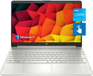 HP Pavilion 15.6" HD Touchscreen Anti-Glare Laptop in silver, showing sleek design and display