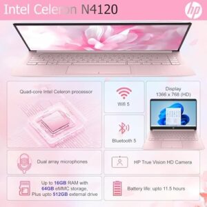 HP Ultralight 14 inch Laptop with Intel 4-Core Processor, 16GB RAM, and Pink Design